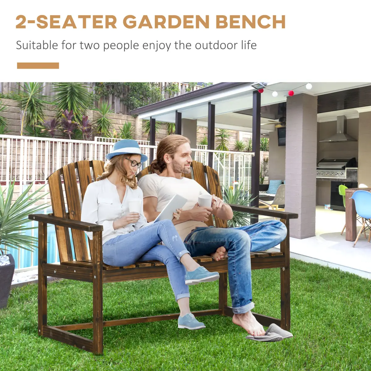 Outdoor Wooden Bench for Two People, Patio Loveseat Chair with Slatted Backrest by Outsunny