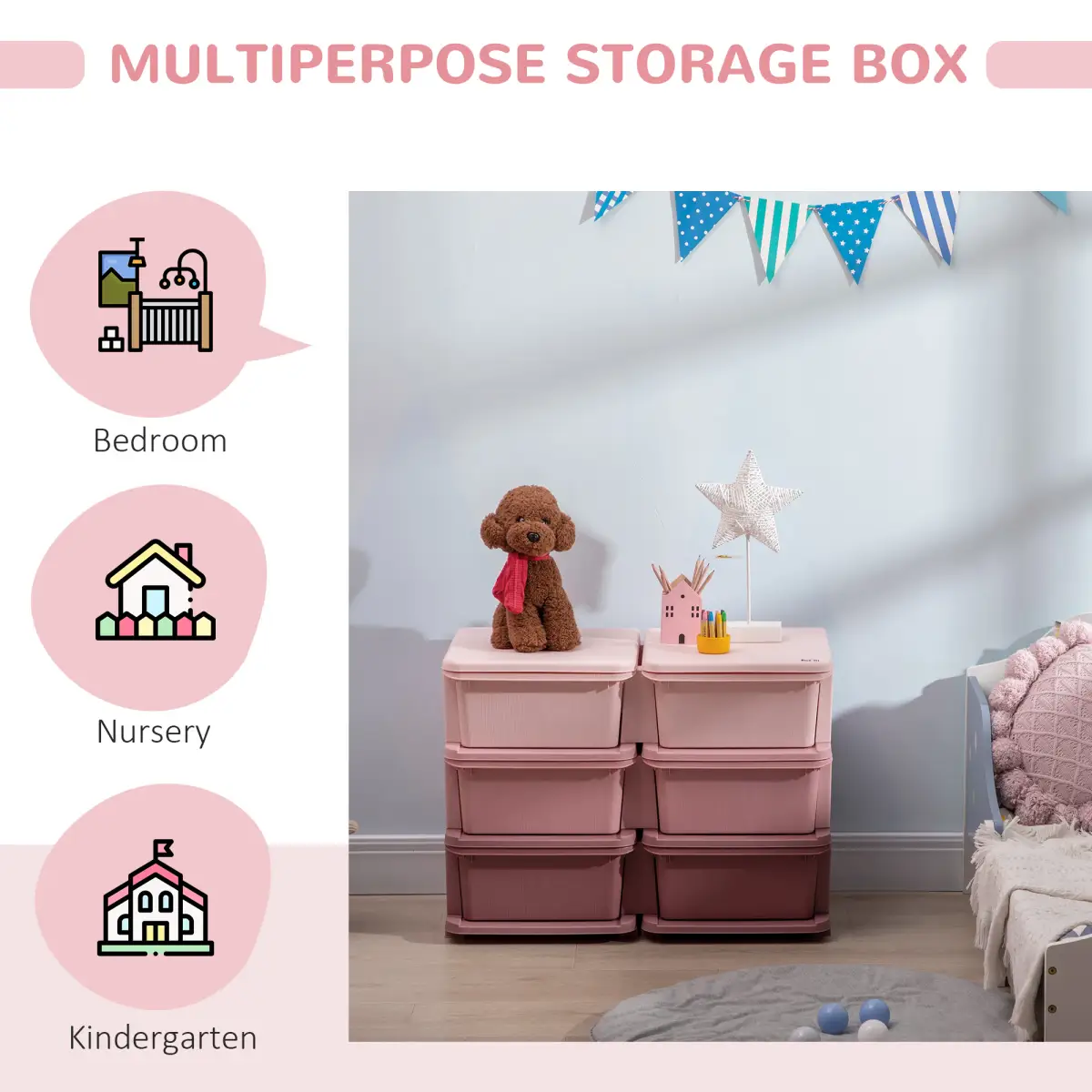 Kids Storage Unit Toy Box Vertical Dresser with Six Drawers - Pink HOMCOM by Unbranded