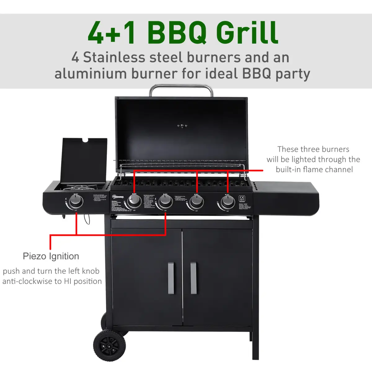 4 Gas BBQ Grill with Wheels, Steel-Black by Outsunny