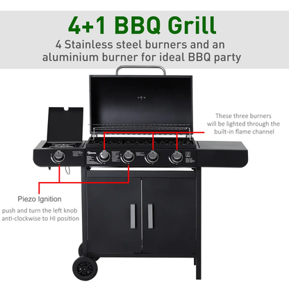 4 Gas BBQ Grill with Wheels, Steel-Black by Outsunny