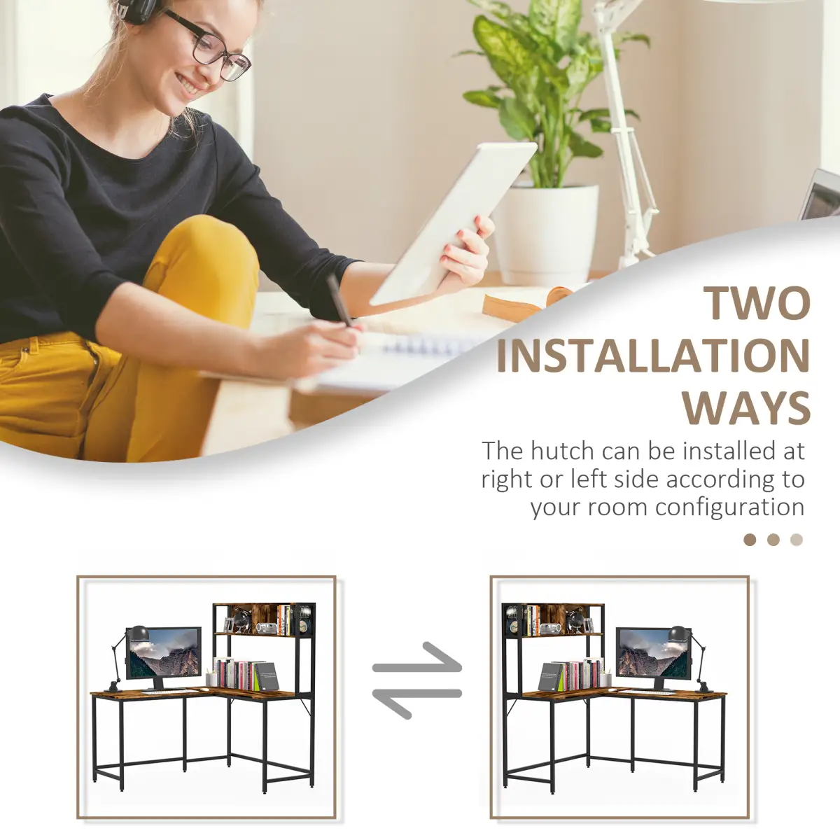 149x140x125cm Industrial L-Shaped Desk w Shelf - Brown & Black by HOMCOM