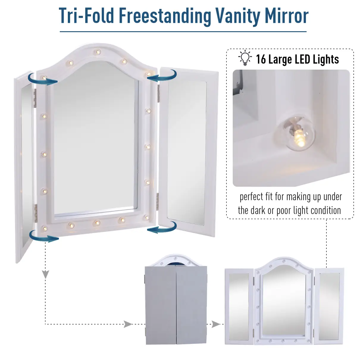 Lighted Tri-Fold Vanity Mirror Large Cosmetic Mirror LED Lights White by HOMCOM