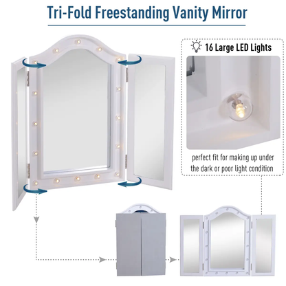 Lighted Tri-Fold Vanity Mirror Large Cosmetic Mirror LED Lights White by HOMCOM