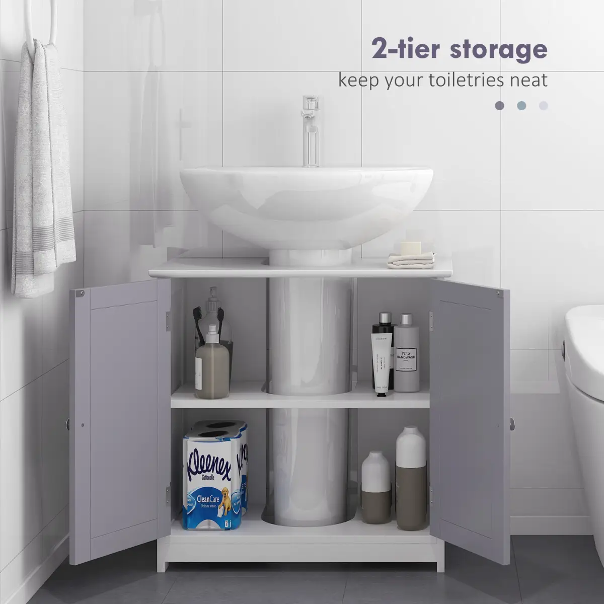 kleankin 60x60cm Under-Sink Storage Cabinet w/ Adjustable Shelf Grey White by Unbranded