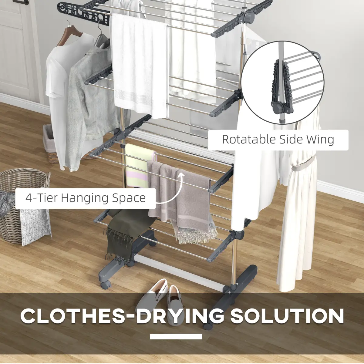 HOMCOM 4-Tier Large Clothes Airer Stainless Steel Clothes Drying Rack Grey by HOMCOM