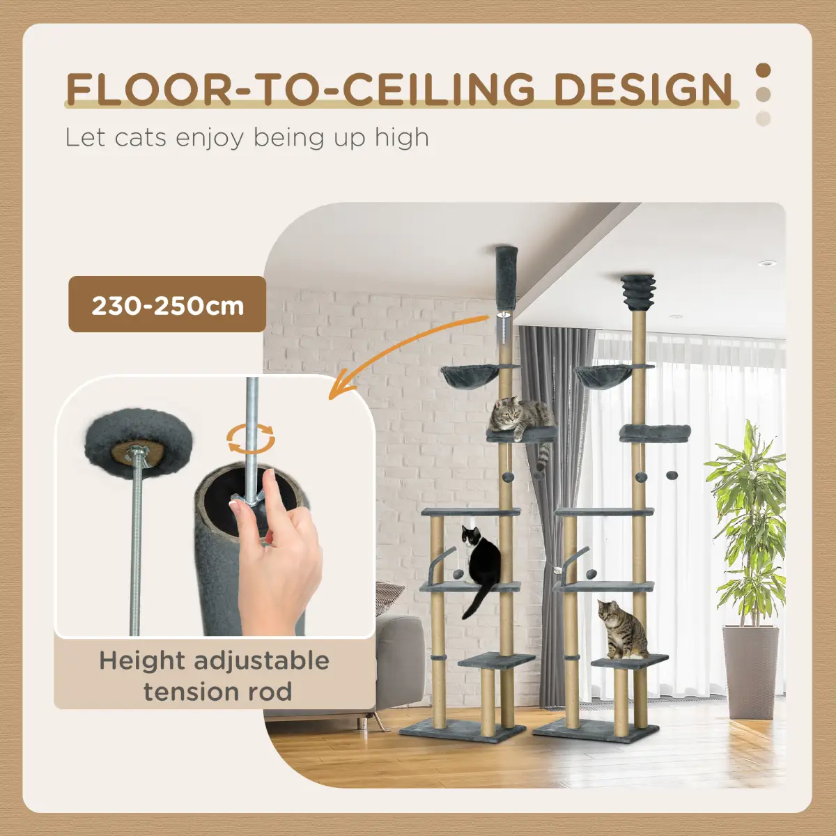 6-Tier Floor to Ceiling Cat Tree with Scratching Post, Bed, Hammock, Grey by PawHut