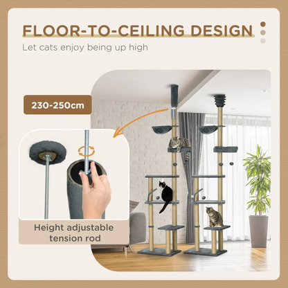 6-Tier Floor to Ceiling Cat Tree with Scratching Post, Bed, Hammock, Grey by PawHut