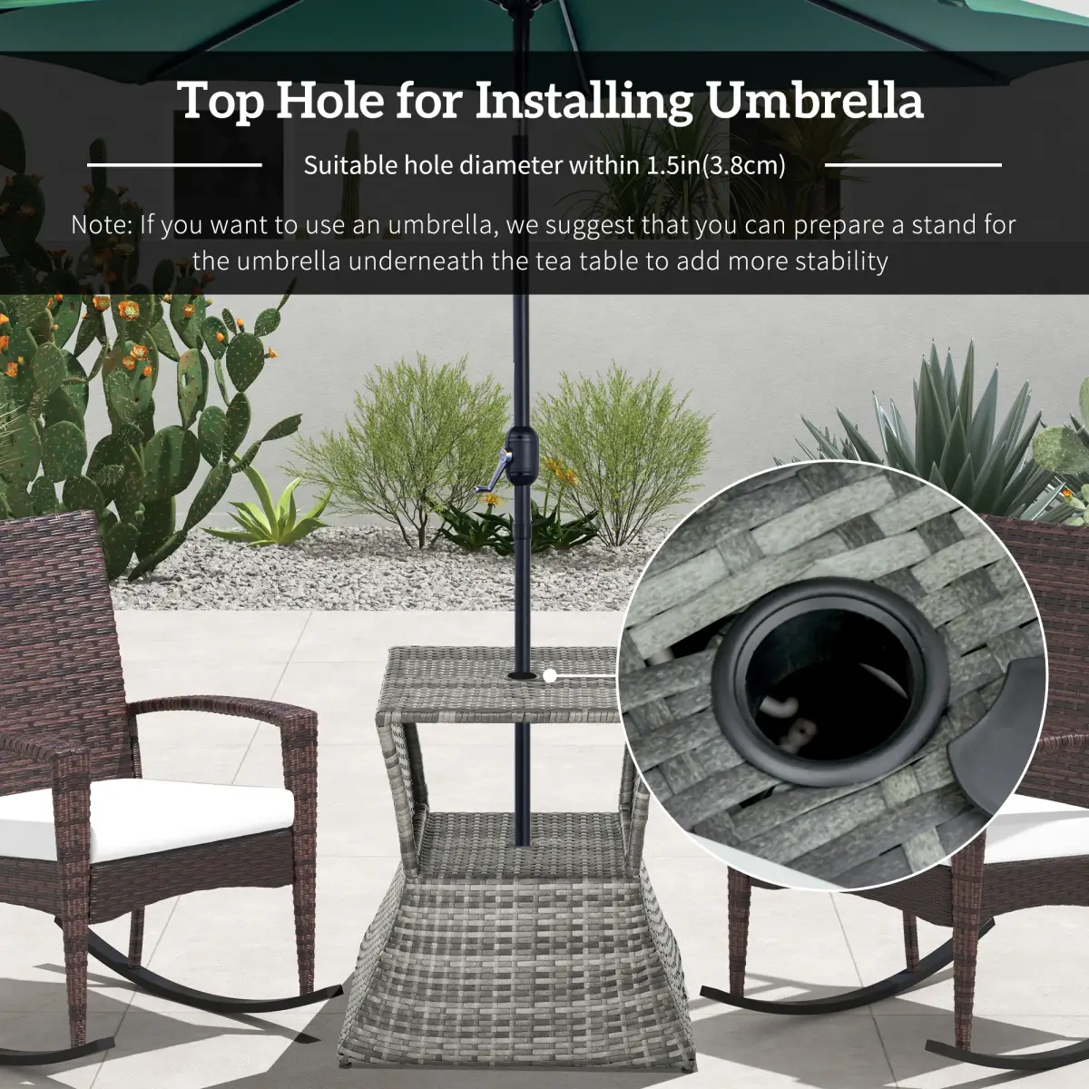 Outsunny Rattan Wicker Tea Coffee Table w/ Umbrella Hole and Storage Space Grey by Outsunny