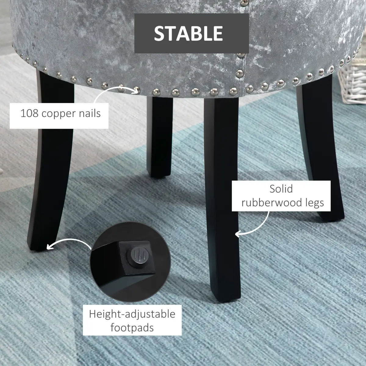 Dressing Table Stool Vanity Seat w/ Rubber Wood Legs Bedroom - Grey by HOMCOM