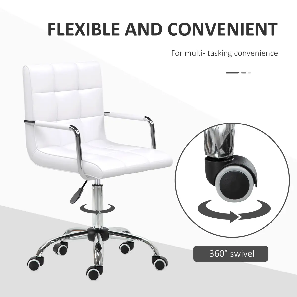 Mid Back PU Leather Home Office Chair Swivel Desk Chair with Arm, Wheel, White by Vinsetto
