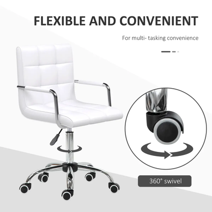 Mid Back PU Leather Home Office Chair Swivel Desk Chair with Arm, Wheel, White by Vinsetto