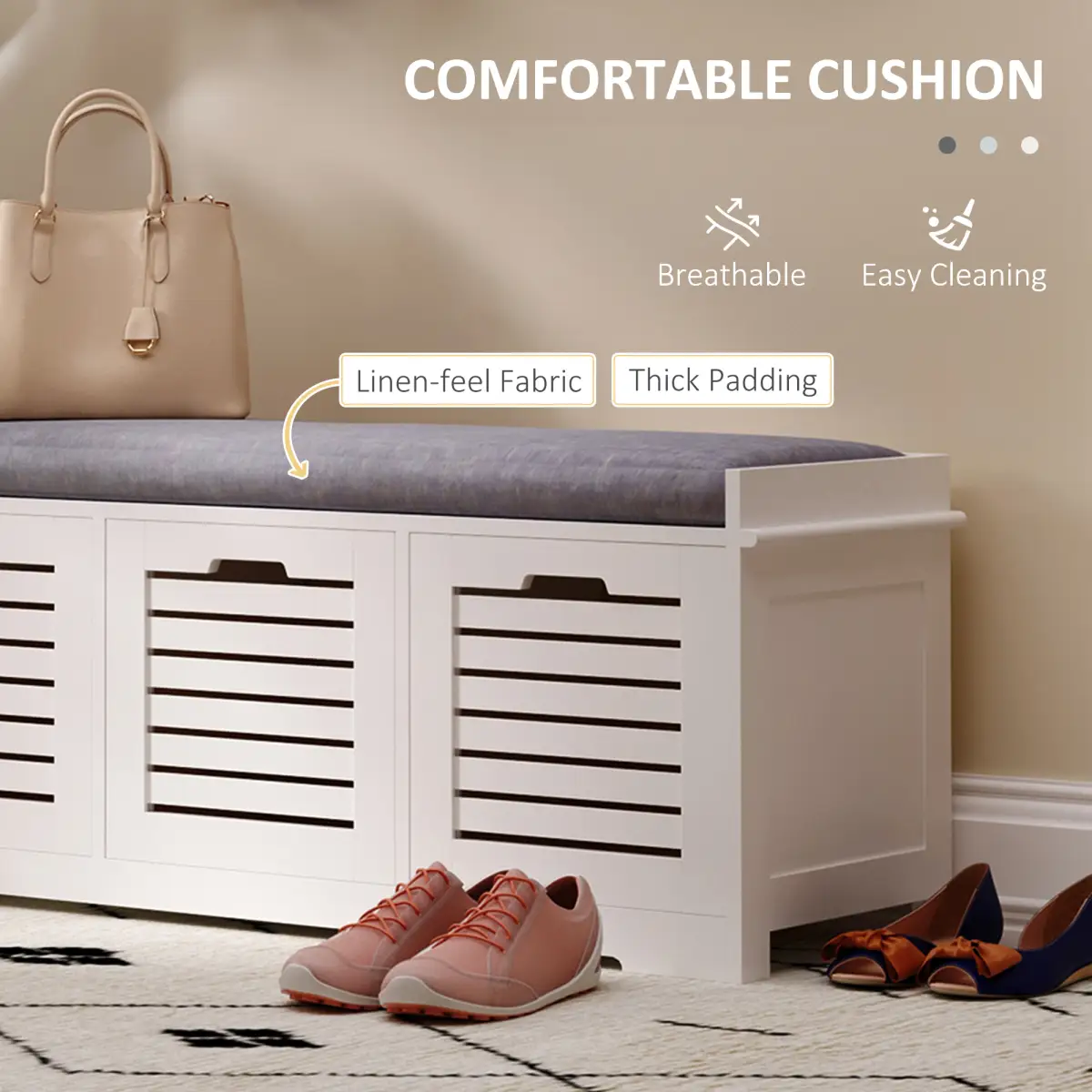 HOMCOM 3-Door Shoe Storage Bench Cushion Seat Slatted Doors Elevated Base White by HOMCOM