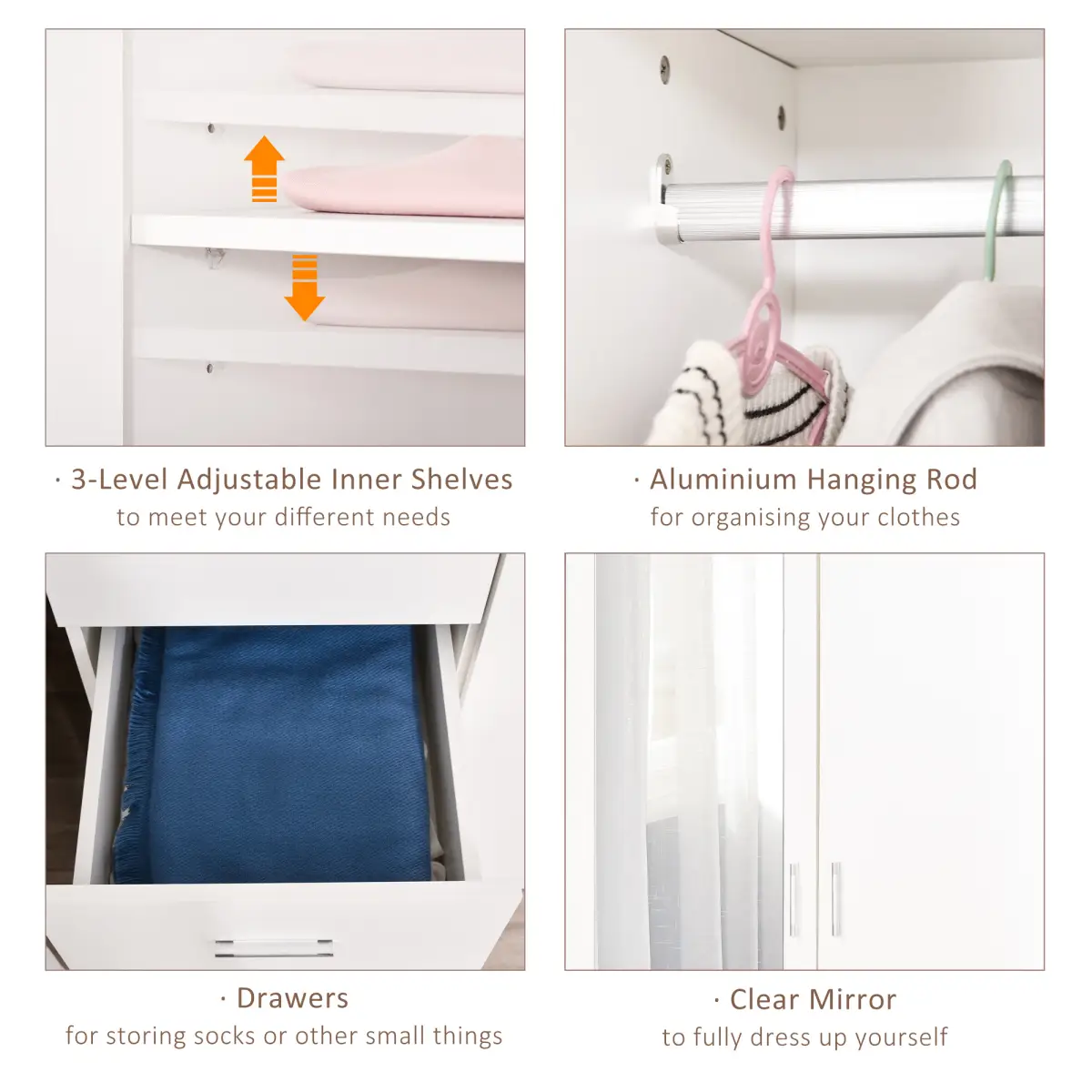 2-Door Wardrobe w/ Adjustable Shelf 3 Drawers for Bedroom, 180cm, White by Unbranded