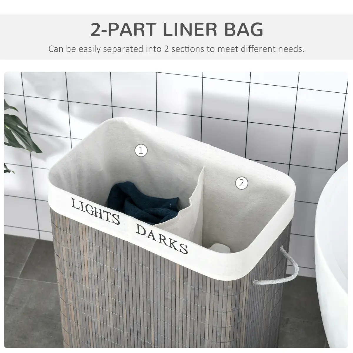 100L Bamboo Laundry Basket with Flip Lid Foldable, Grey Lining, by HOMCOM