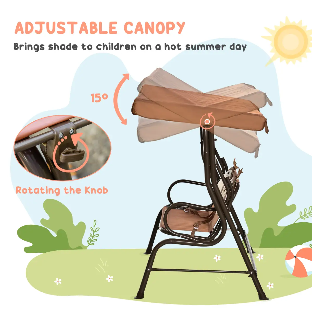 Two-Seat Kids Canopy Swing Chair Adjustable Awning, Seatbelt by Outsunny