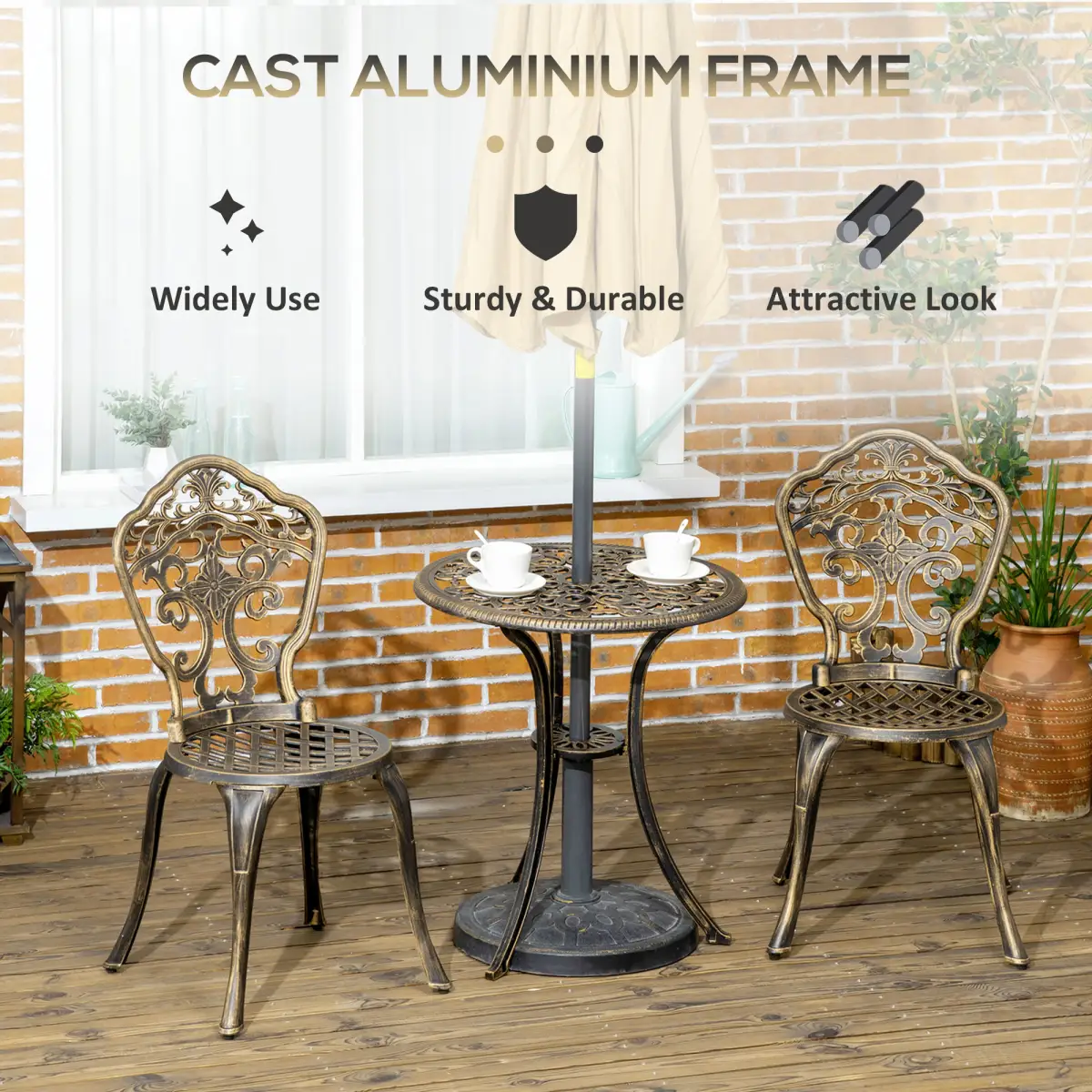 3 Piece Cast Aluminium Garden Bistro Set with Parasol Hole for Balcony, Patio by Outsunny