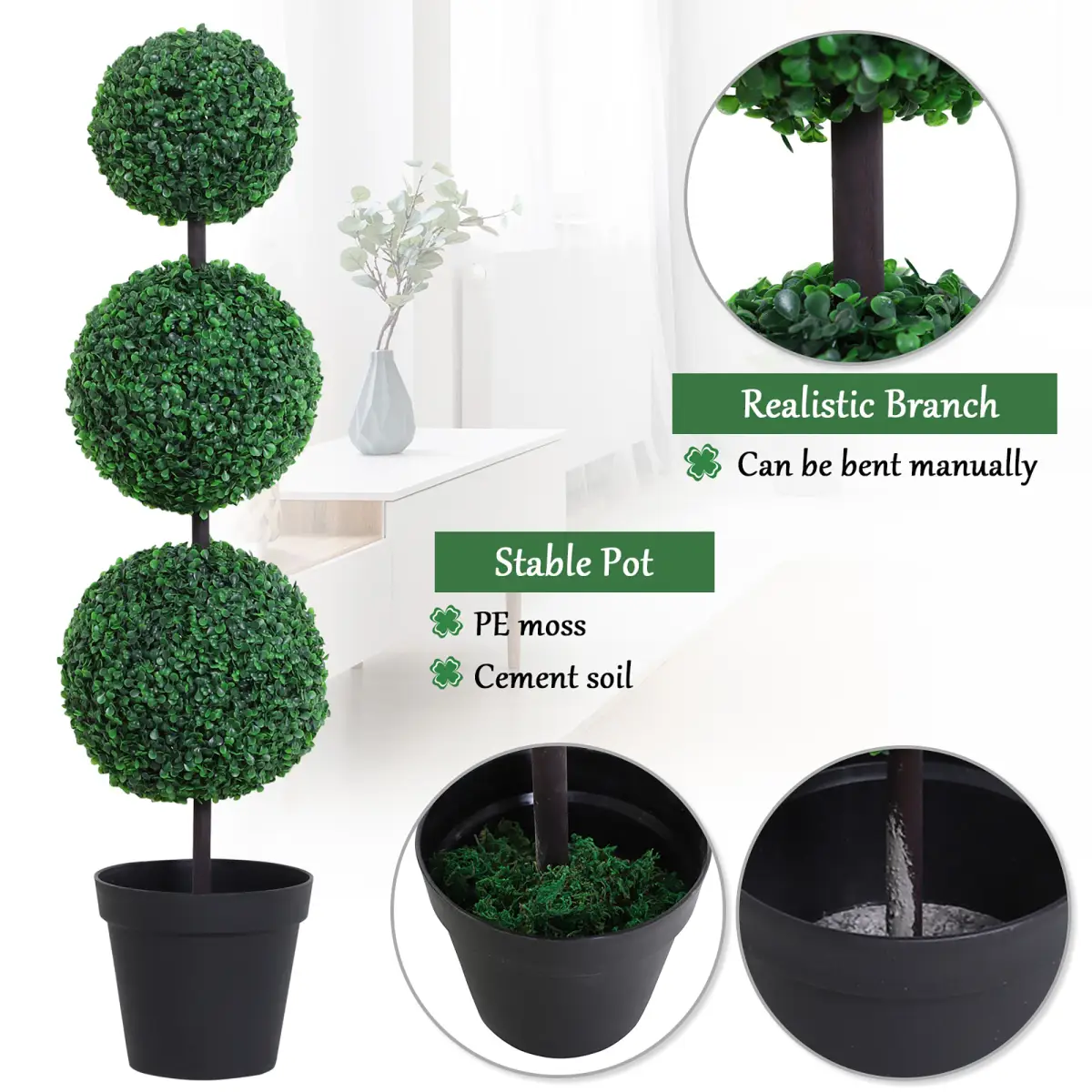 PE Set of 2 Artificial Boxwood Three Balls Topiary Plant Tree's Green by Outsunny
