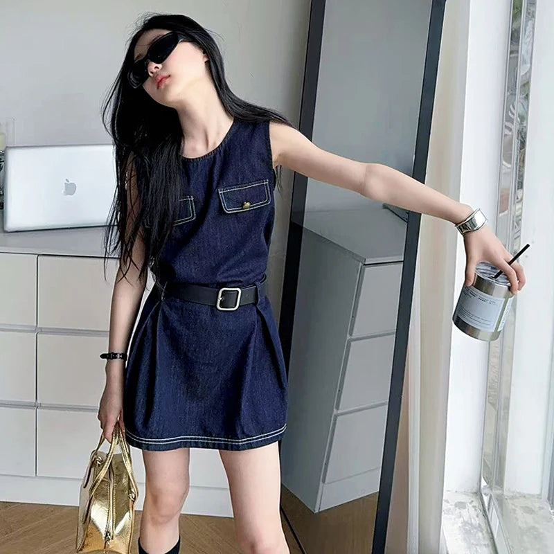 Stylish Kids Fashion Denim Bodysuit Dress for Girls Vintage Dark Blue Jeans Skirt With Belt Child Trendy Streetwear Outfit 5-14Y by All Mart Bristol Ltd