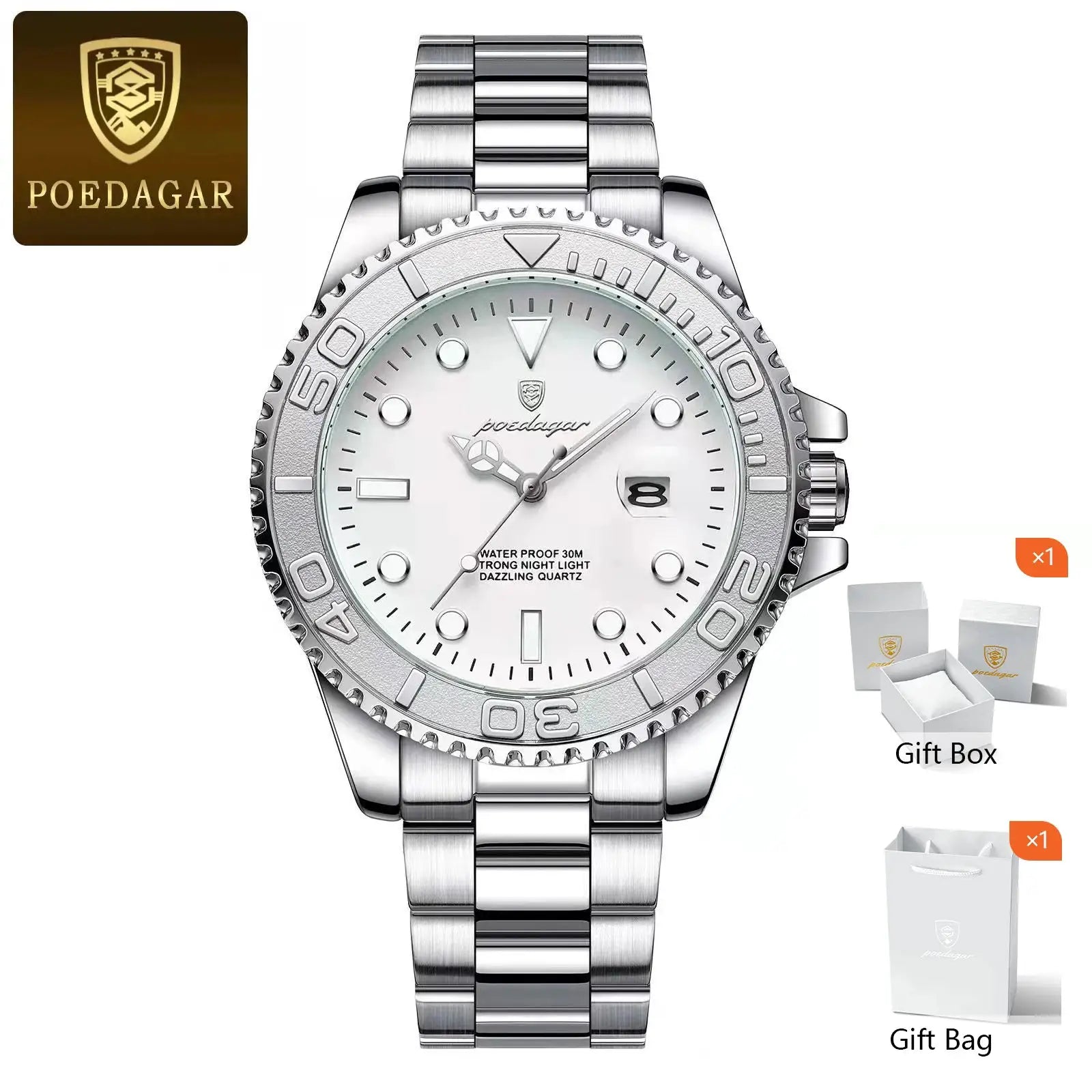 POEDAGAR Trendy Sport Man Watch Luminous Waterproof Stainless Steel Date Men Wristwatch Luxury Business Men's Quartz Watches+Box by All Mart Bristol Ltd