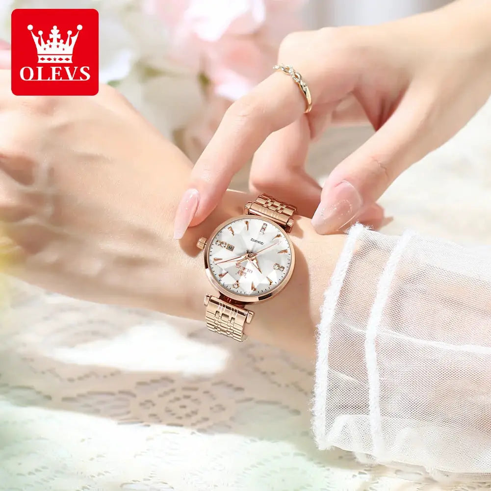 OLEVS brand beautiful women's watches Prism mirror waterproof fashion quartz watch for rose genuine date ladies wristwatch by All Mart Bristol Ltd