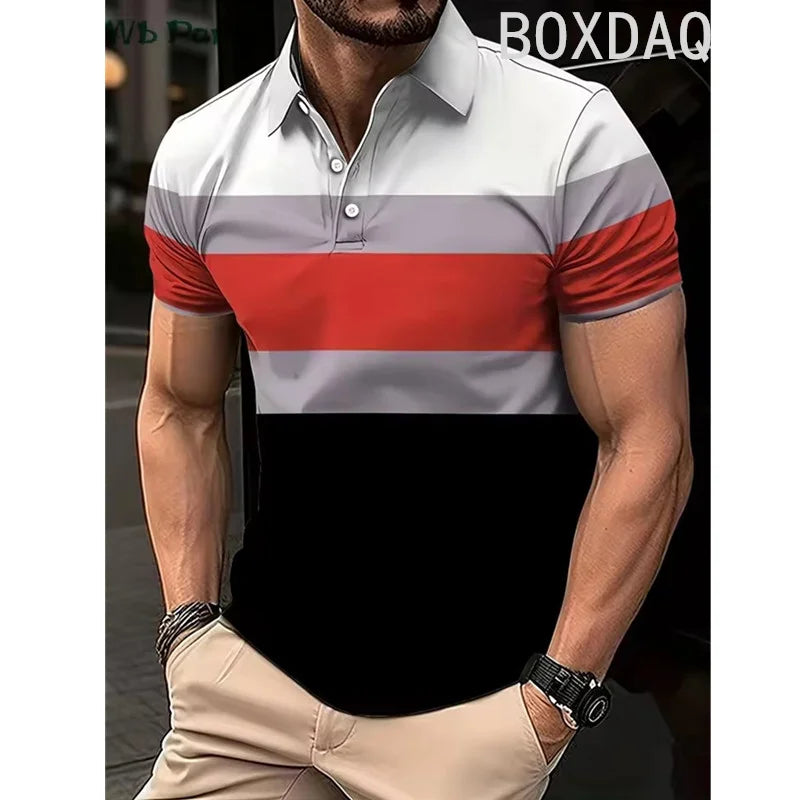 Classic Striped Print Polo Shirt Men's Business Casual Tops Simple Basic Polos Men Summer Big Size Short Sleeve Lapel Polo Shirt by All Mart Bristol Ltd
