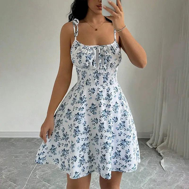 Floral Print Dress Summer Sweet A- Line Waist Trimming Dresses Women's Slimming Casual Clothing by Dropshipman