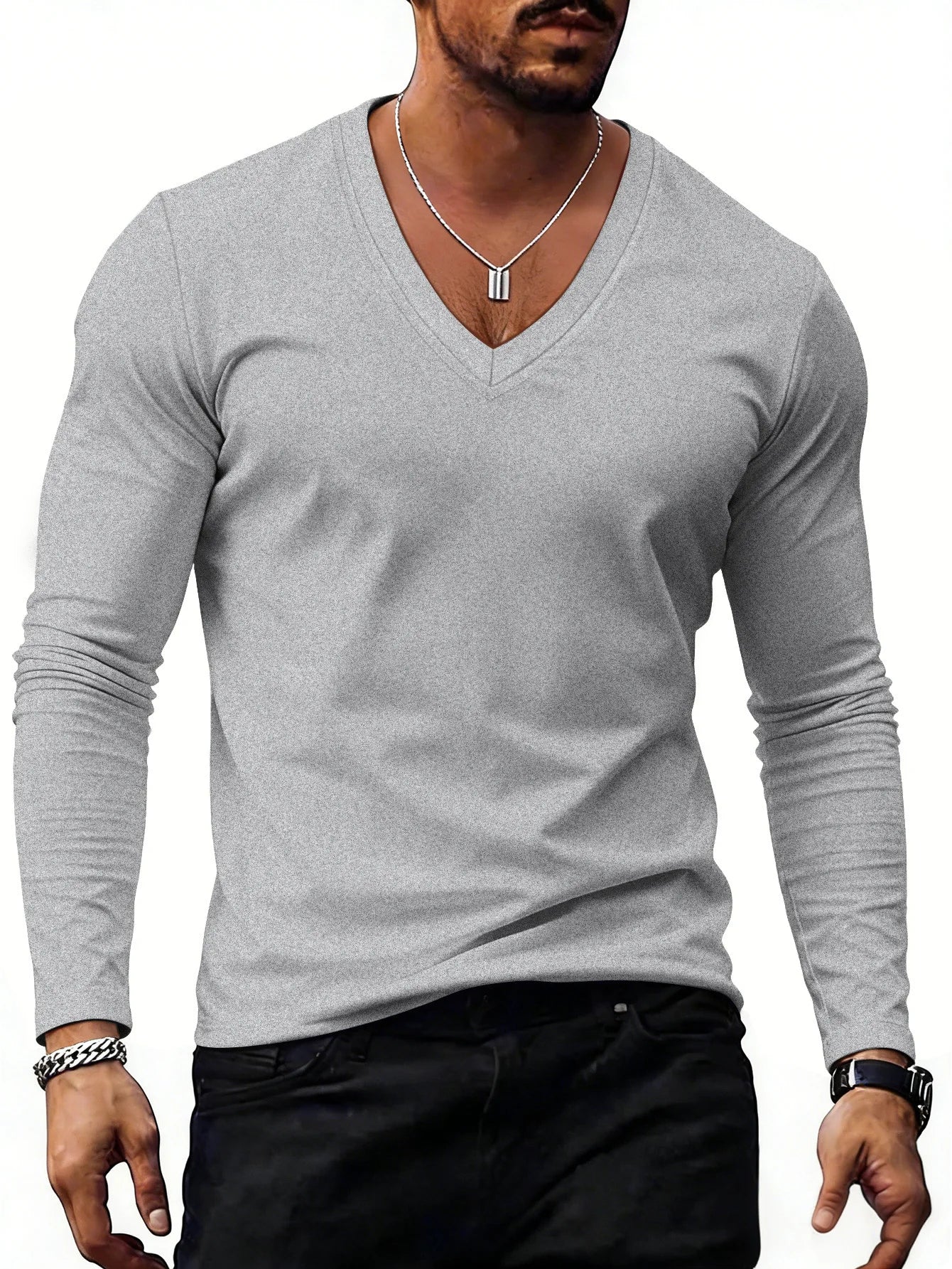 Men V Neck Solid Color Long Sleeve T Shirt Casual Slim Fit Basic Tops for Spring Autumn Daily Wear by All Mart Bristol Ltd