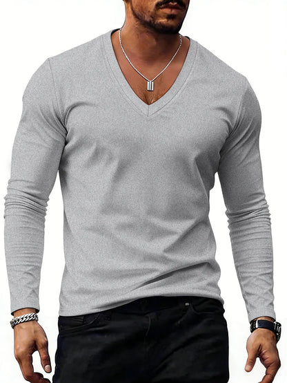 Men V Neck Solid Color Long Sleeve T Shirt Casual Slim Fit Basic Tops for Spring Autumn Daily Wear by All Mart Bristol Ltd