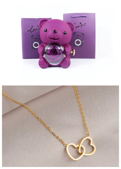 Rotating Bear Gift Box Eternal Rose Teddy Bear Jewelry Box With Necklace Valentine Wedding Special Present For Girlfriend Anniversary Gift Jewelry Box by Dropshipman