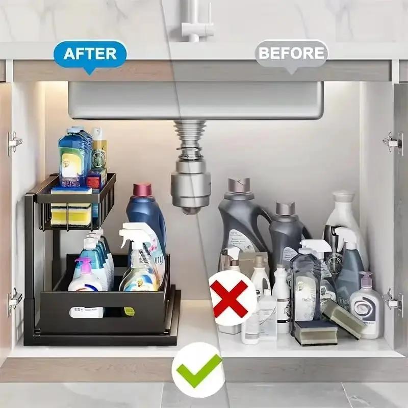 Kitchen Fixed Shelf Sink Storage, Sliding Pull-Out Cabinet Arrangement Rack, Metal Sliding Drawer, Bathroom Organizing Accessories, for Kitchen Bathroom Refrigerator Cabinet Organization Rack, Kitchen Storage Essential Goods by All Mart Bristol Ltd