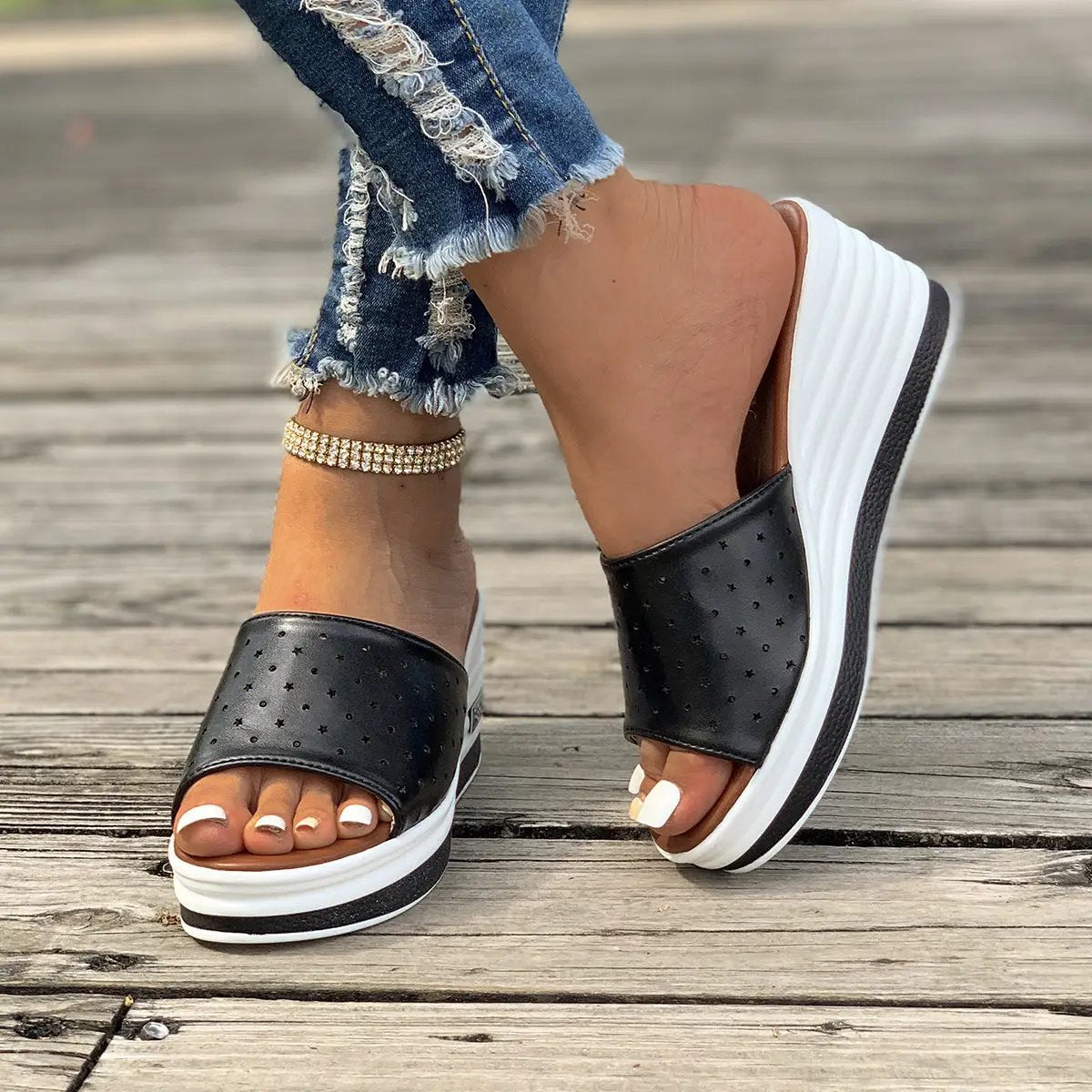 Fish Mouth Wedges Sandals Summer Fashion Hollow Design High Heels Slides Slippers Casual Beach Shoes For Women by Dropshipman