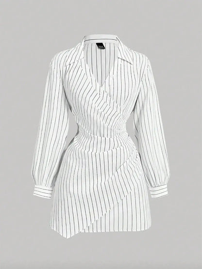 Women'S Plaid Print V-Neck Lantern Sleeve Ruched Fitted Mini Dress, Suitable for Work and School, Formal, Casual Long Sleeves Fitted Waist Stripe Print Shirt Dress by All Mart Bristol Ltd