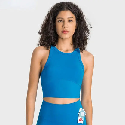 Built-in chest patch, high-end women's yoga vest, nude feel Leica gym exercise sports bra, hanging neck style by All Mart Bristol Ltd