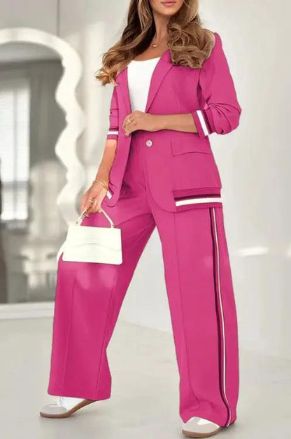 2 Pcs Set Women Suit Coat Pants Suit Lapel Long Sleeves Lady Jacket Wide Leg High Waist Trousers Female Commuting Office Outfit by Dropshipman