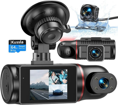 Triple Channel 1080P Dash Cam for Cars - Front & Rear Cameras with Night Vision, G-Sensor, Loop Recording & 64GB Card Included by All Mart Bristol Ltd