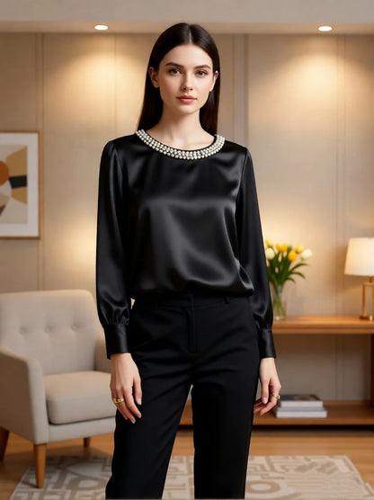Elegant Beaded Satin Blouse for Women, Loose Fit Long Sleeve Silk Shirt Tops by All Mart Bristol Ltd
