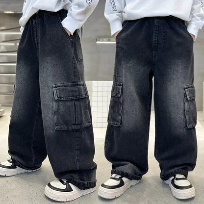 New Autumn Children Cargo Jeans with Side Pocket for Tween fried street Boys Loose Straight Denim Pants Kids Retro Blue Trousers