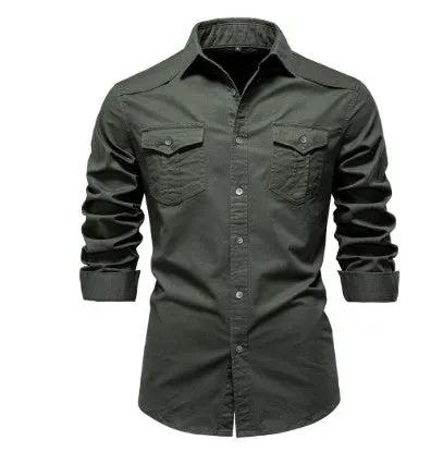 Men's Long-sleeved Denim Shirt Casual Solid Button Slim Tops Clothing by Dropshipman