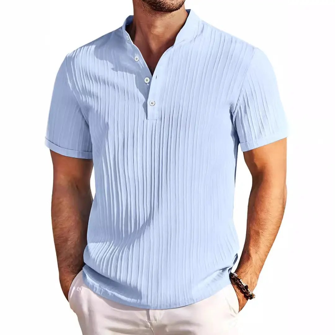 Summer Stand Collar Buttons Short Sleeve T-shirt Solid Color Stripe POLO Shirt Fashion Casual Beach Clothing For Men by Dropshipman