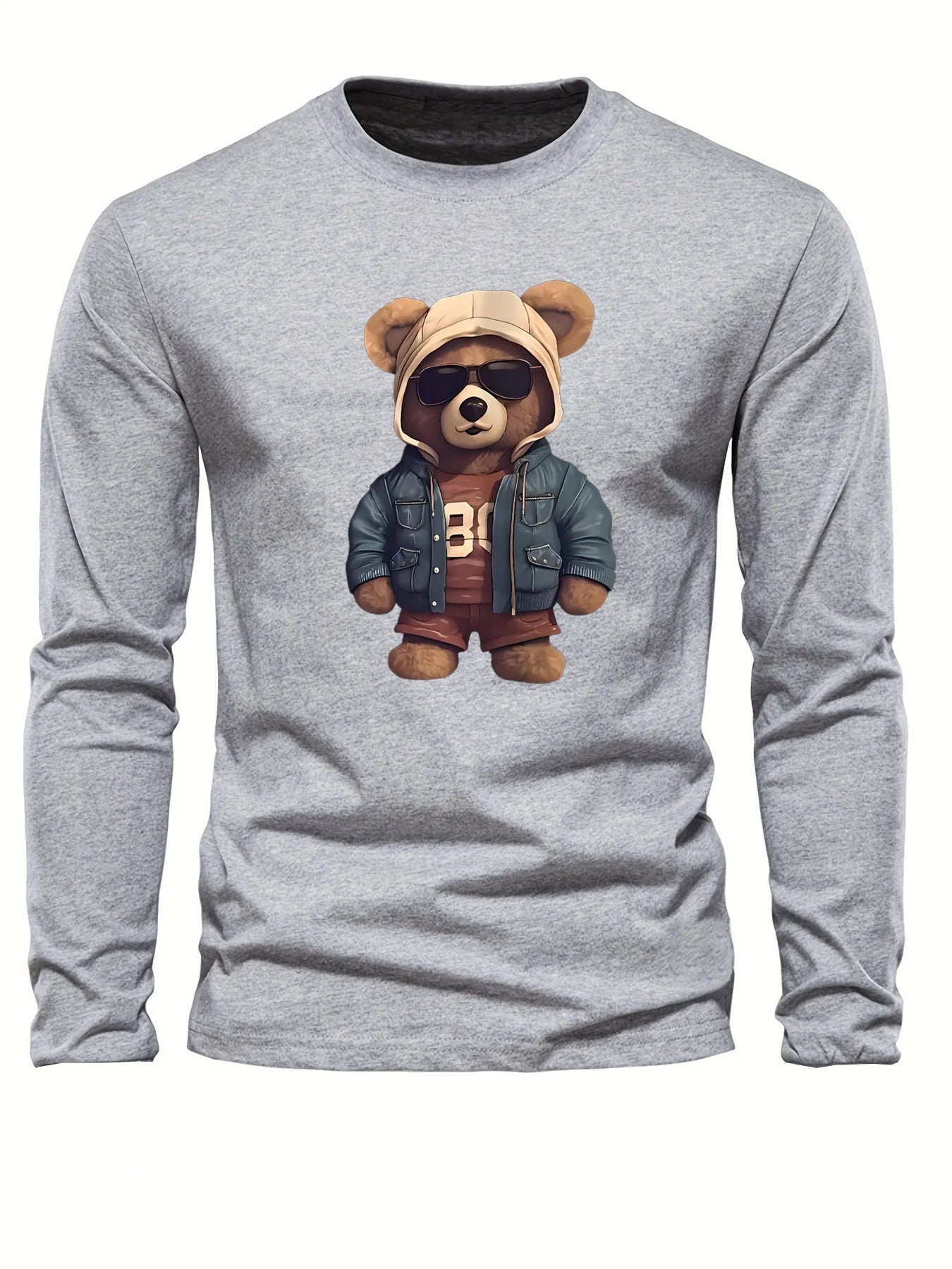 100 cotton men's casual long sleeved round neck loose bear pattern printed autumn and winter T-shirt top versatile by All Mart Bristol Ltd
