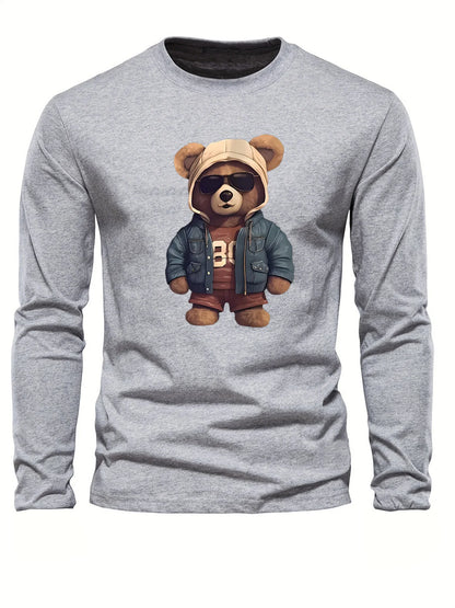 100 cotton men's casual long sleeved round neck loose bear pattern printed autumn and winter T-shirt top versatile by All Mart Bristol Ltd