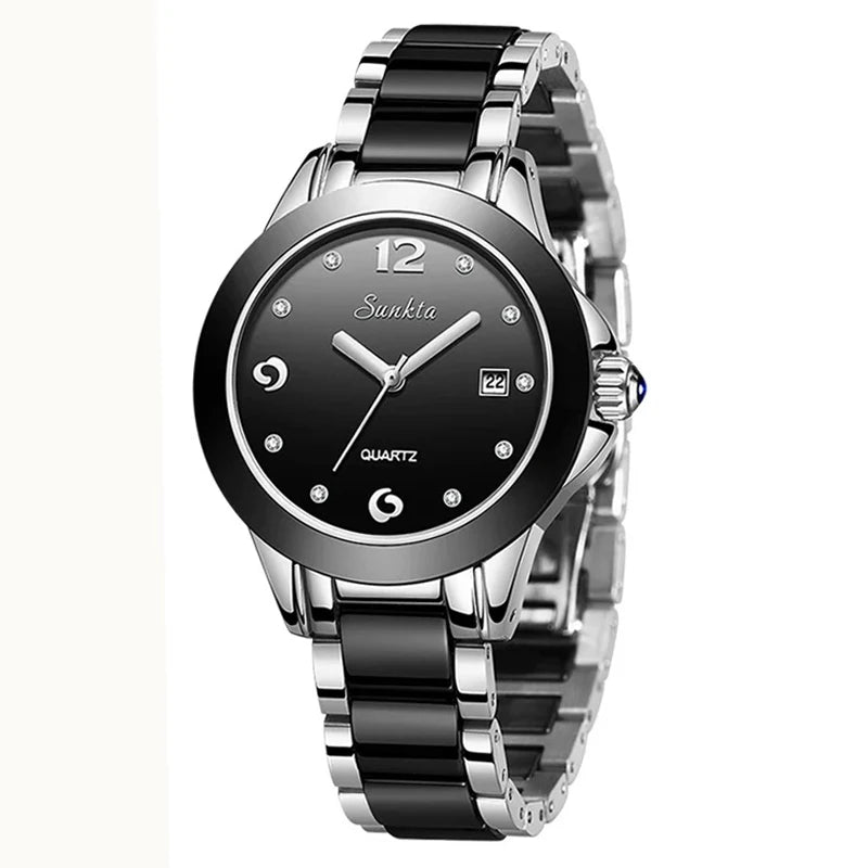 Sunkta Fashion Casual Quartz Woman Watch Elegant Luxury Ceramics Diamond Calendar Waterproof Ladies Women's Watches Montre Femme by All Mart Bristol Ltd