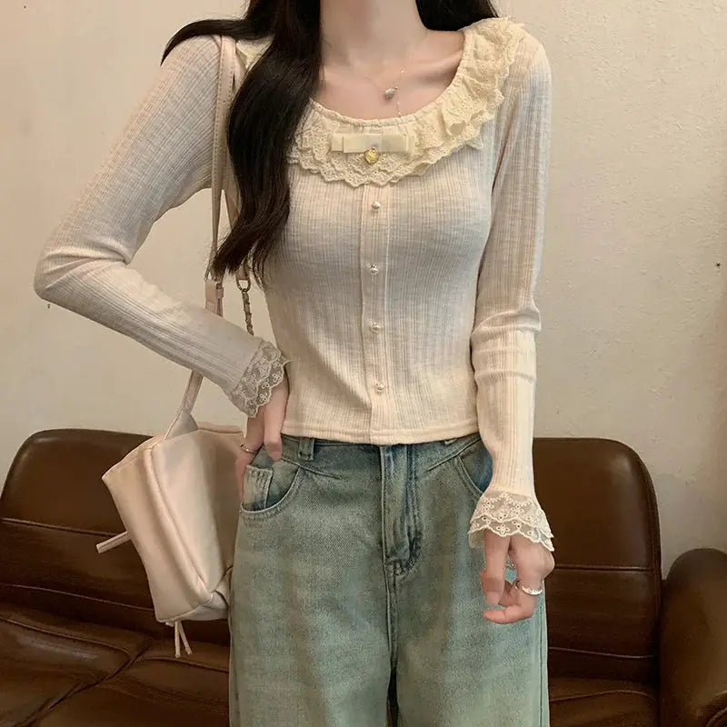 Women's 2026 Spring Autumn New Sweet Cute Lace Thin Short Slim Fit Crew Neck Long Sleeve T Shirt Base Top by All Mart Bristol Ltd