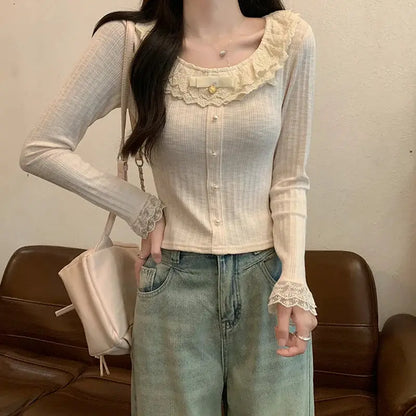 Women's 2026 Spring Autumn New Sweet Cute Lace Thin Short Slim Fit Crew Neck Long Sleeve T Shirt Base Top by All Mart Bristol Ltd