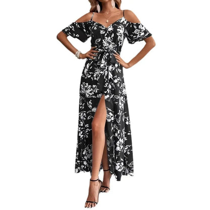 Ins Off-Shoulder Split Dress Summer Floral Print Suspender Long Dresses With Belt Design Women's Beach Clothing by Dropshipman
