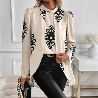 2026 Fashion Women's Long Sleeve Print Blouse, Elegant Office Top with Fake Two-Piece Design by All Mart Bristol Ltd