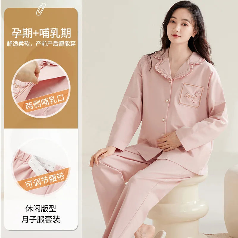 Maternity Women Pajamas Set Pregnant Pure Cotton Breastfeeding Loungewear Sweet Long Sleeve Trousers Cardigan 2 Piece Set Pjs by All Mart Bristol Ltd