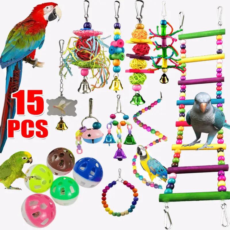 Parrot Combination Toy 10-Piece Set Wooden Bead Rotating Ladder Swing Stand Wooden Ladder Sepak Takraw Chewing Toy by Dropshipman