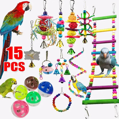 Parrot Combination Toy 10-Piece Set Wooden Bead Rotating Ladder Swing Stand Wooden Ladder Sepak Takraw Chewing Toy by Dropshipman