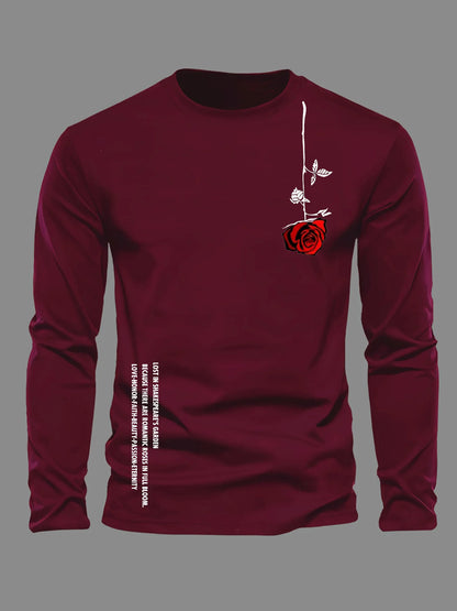 100% pure cotton men's long sleeved round neck loose casual rose letter printed spring and autumn versatile T-shirt top by All Mart Bristol Ltd